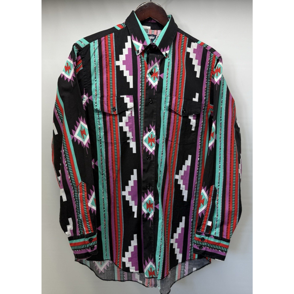 Vtg WRANGLER Mens 15.5/33 Long Tails Aztec Stripe Long Sleeve Button Shirt USA